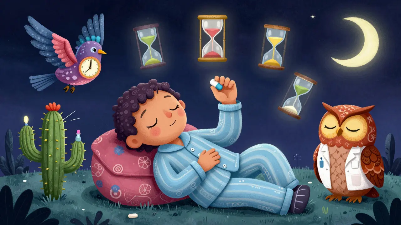 A person holding thyroid and calcium pills with magical spirit animals marking a 4-hour gap.