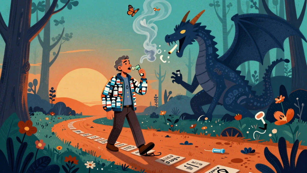 A person stepping forward on a path as a smoke dragon turns into butterflies, wearing clothing made of medical tools.