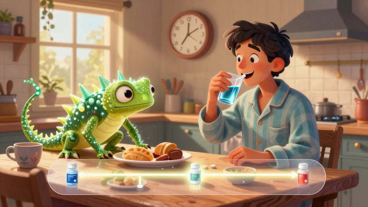 A person taking osteoporosis medication at sunrise while a magnesium spirit sneaks toward breakfast, with a two-hour timeline glowing between them.