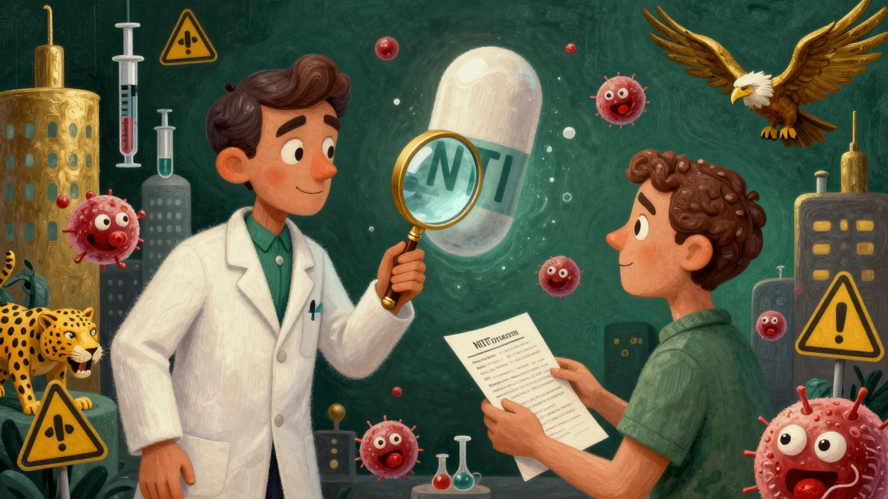 A pharmacist and patient surrounded by dancing blood cells and medicine-shaped buildings in colorful Alebrije art.