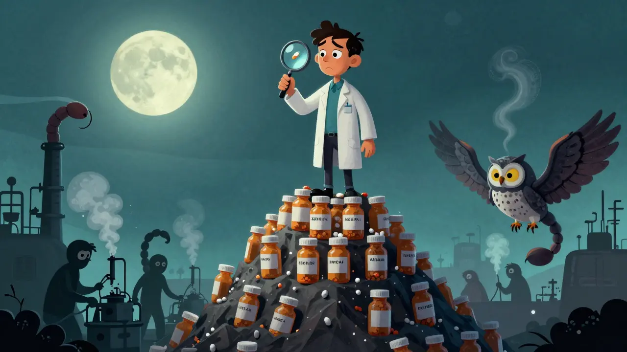 A pharmacist atop a mountain of pills, facing shadowy factory workers with mechanical-animal hybrids under neon moonlight.