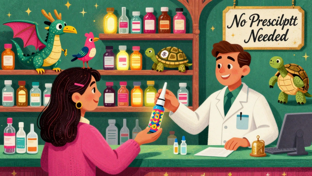 A pharmacist hands a naloxone kit to a customer amid fantastical medical-themed alebrije animals.