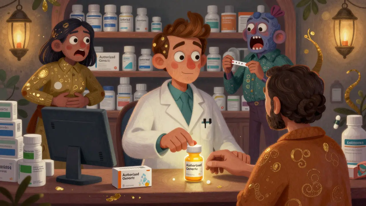 A pharmacist hands an authorized generic pill bottle while chaotic generic pills morph into misshapen alebrije creatures behind them.
