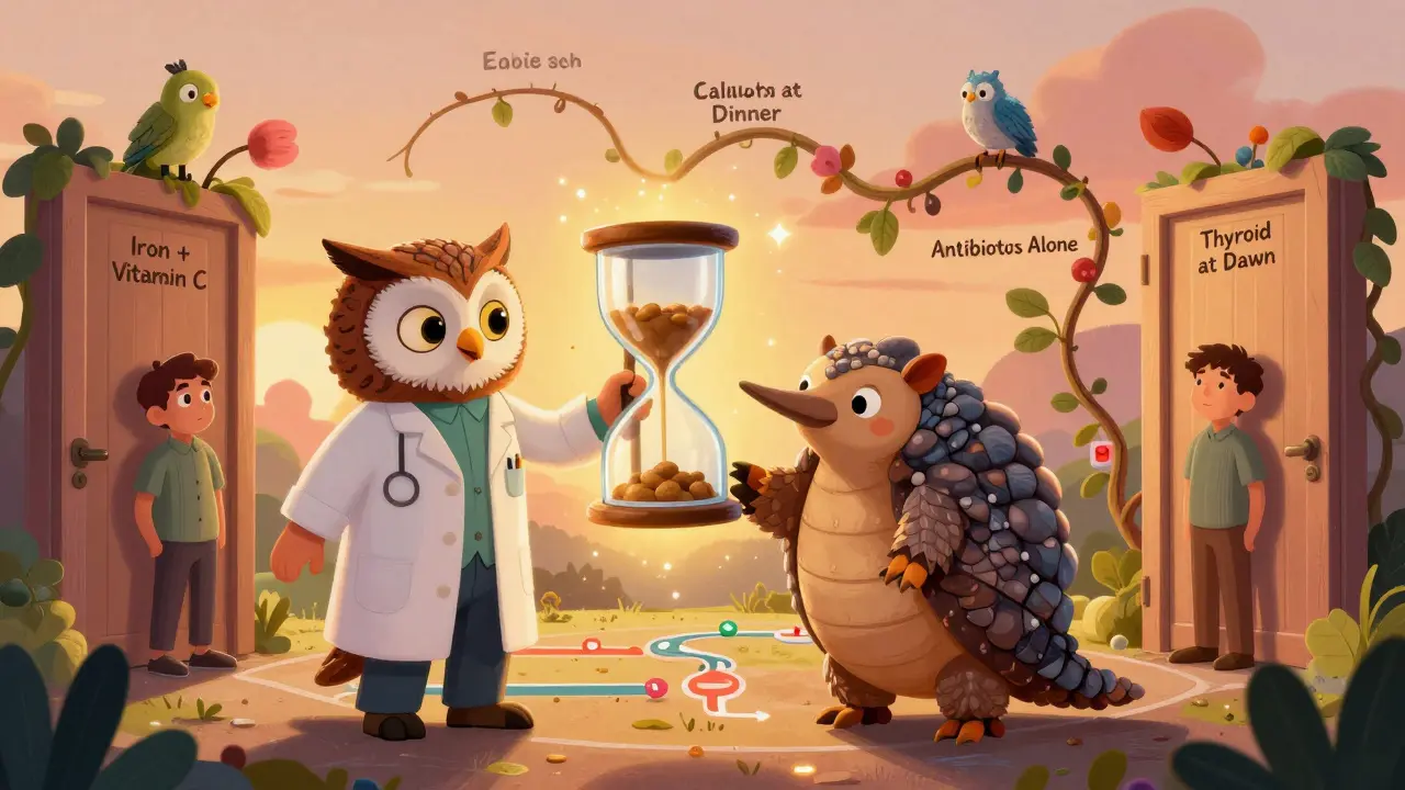 A pharmacist-owl guiding a patient through timed supplement doors in vibrant alebrije style.