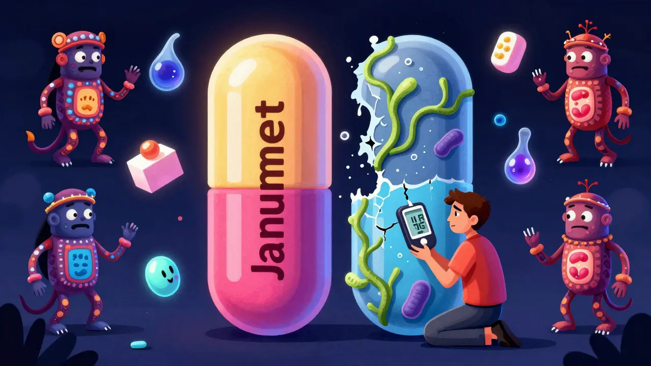 A split pill with brand and generic halves, surrounded by mythical inactive ingredient creatures, as a patient monitors fluctuating blood sugar.