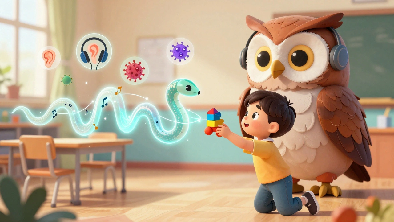 A toddler in a classroom with sound waves and protective alebrije owl, representing early detection of hearing loss.