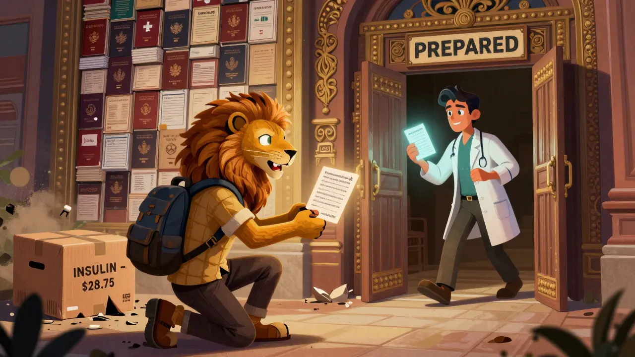 A traveler offers a translated medical card to a mythical guardian creature before a grand embassy door made of passports and forms.