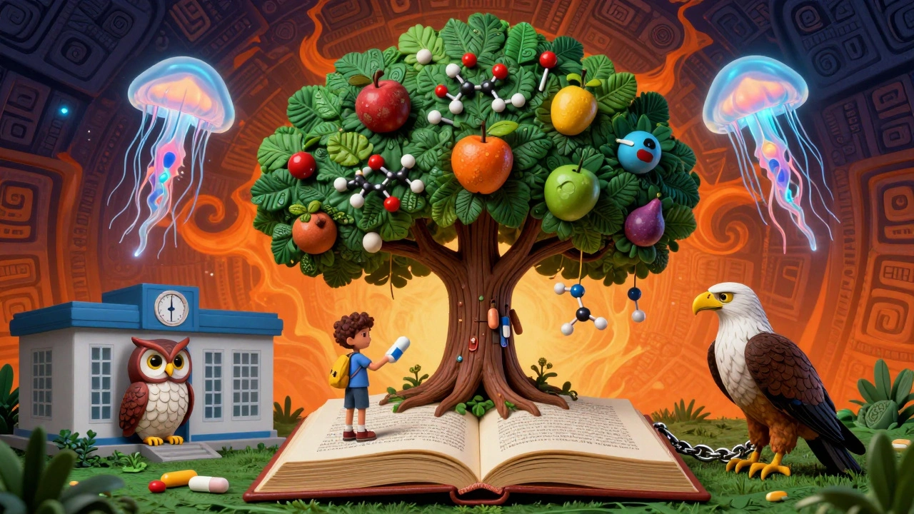 A tree of small-molecule drugs grows from a law book, while biologics float outside; an owl gives a child a pill under colorful folk patterns.