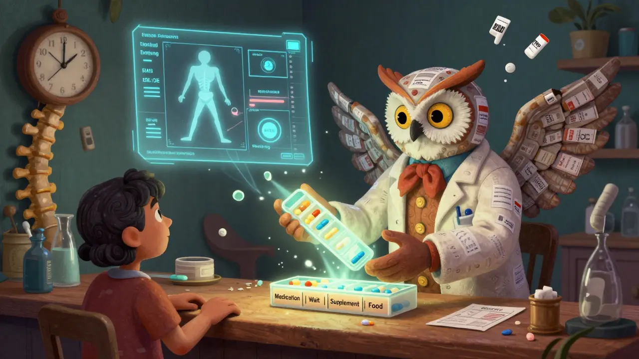 A wise owl-pharmacist handing a patient a color-coded pill organizer, with holographic bone scans and a spine-shaped clock ticking toward two hours.