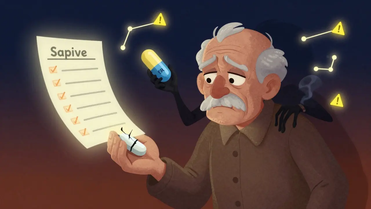 An elderly person holding a broken pill as a shadow spirit steals a time-release capsule, with safe/unsafe pills glowing above.