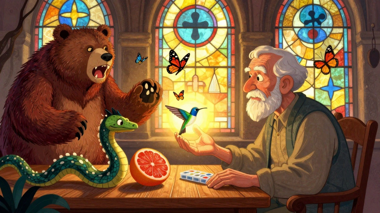 An elderly person taming dangerous drug creatures into butterflies using a hummingbird-shaped pill organizer.