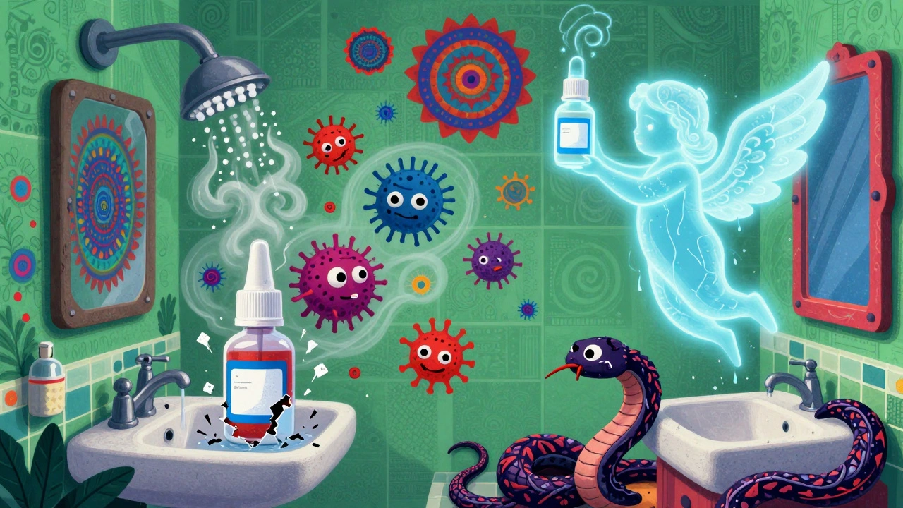 Bacteria monsters attacking expired eye drops in a steamy bathroom, contrasted with clean water angel.