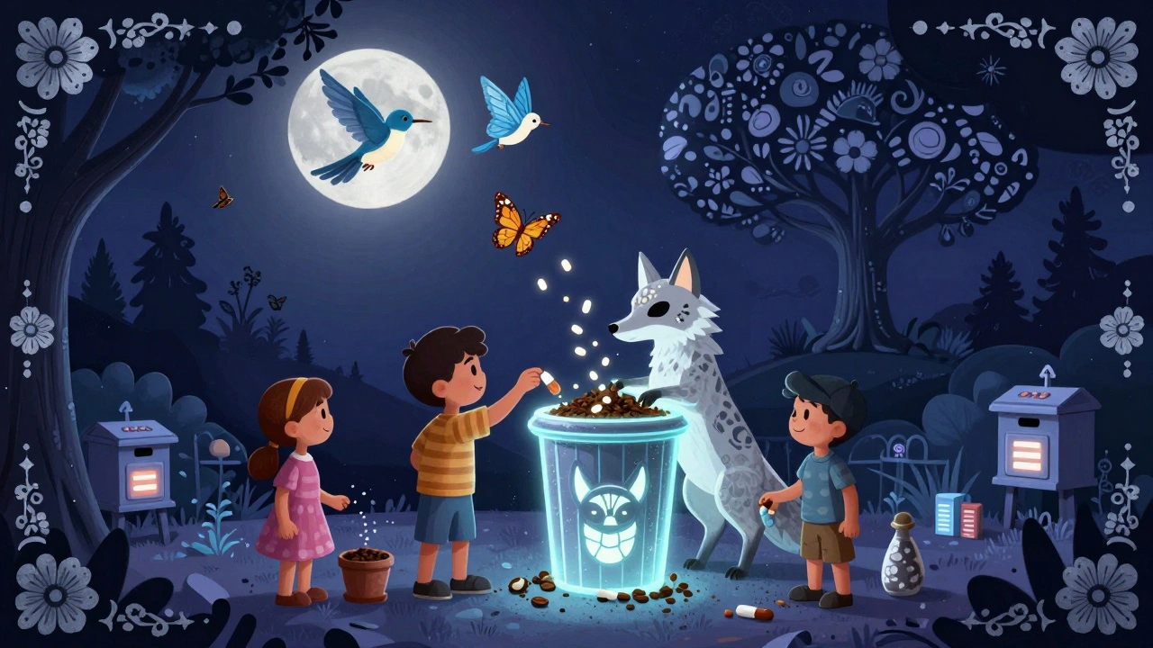 Family disposing meds in a coyote-shaped bin, with healing spirits flying toward a pharmacy tree.