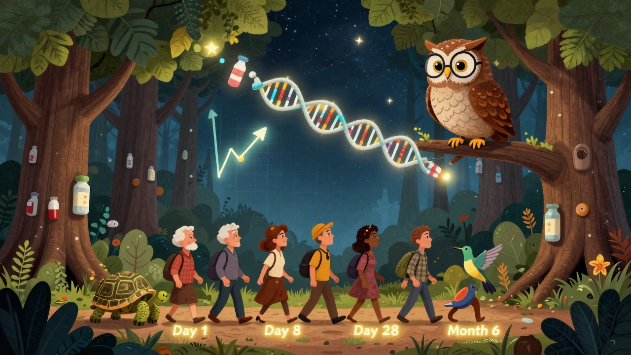 Forest of pill bottle trees with people and spirit animals walking along a path marked by days and weeks of side effects.