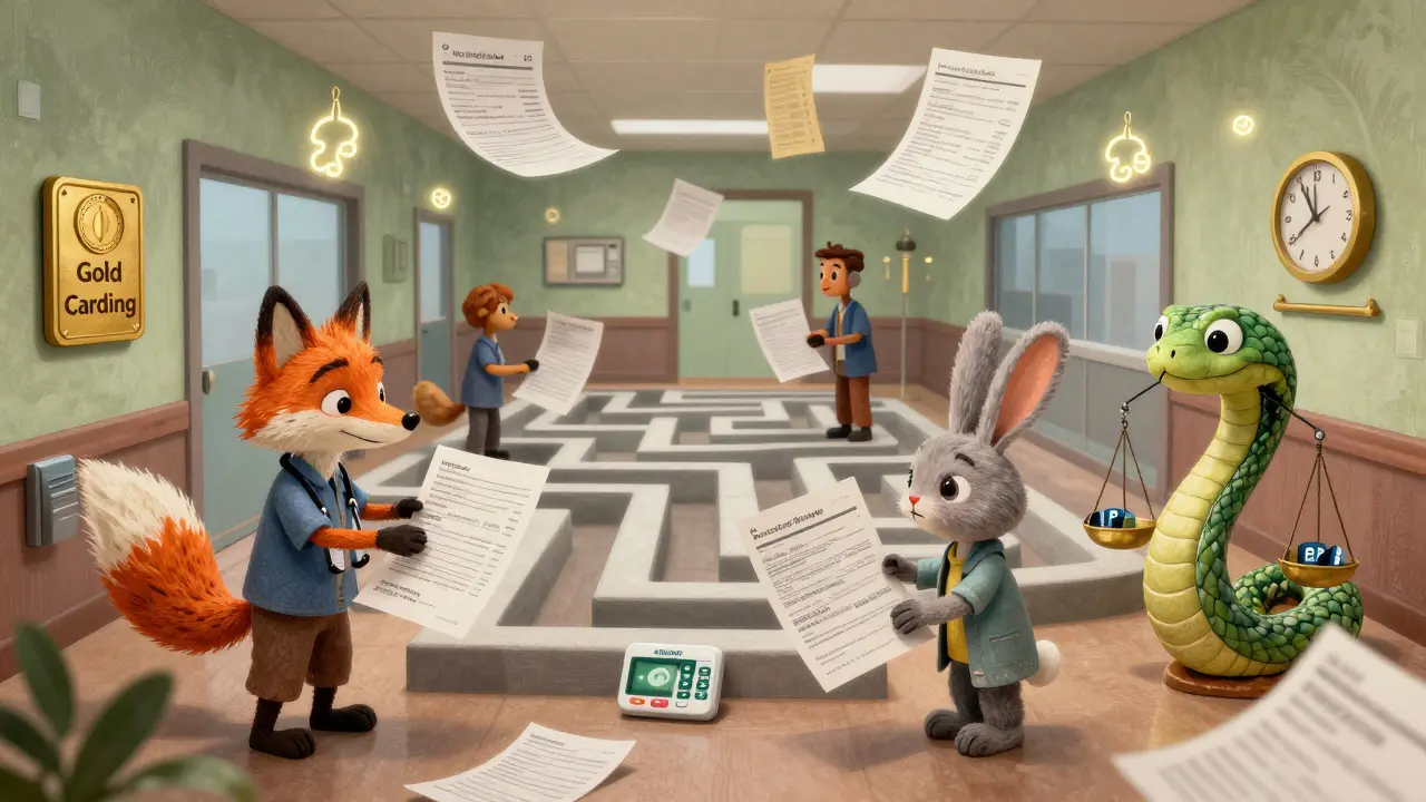 Mythical helpers sort electronic prior auth forms in a surreal clinic hallway glowing with medical data.