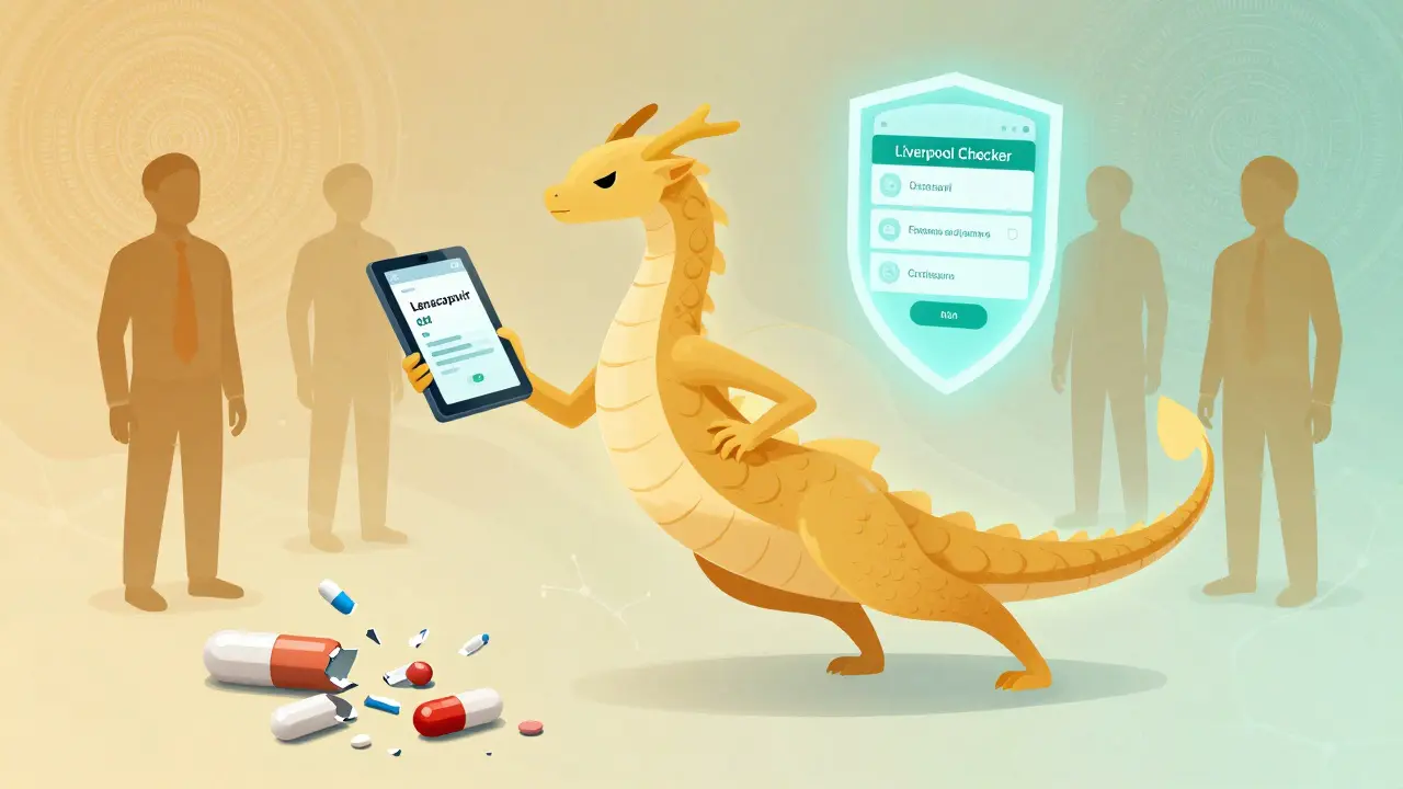 Patient holding lenacapavir tablet as a calm dragon-like creature passes through safely, with a healing app shield above.