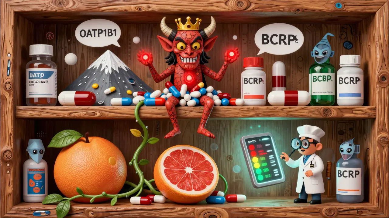 Ritonavir booster demon atop a pile of dangerous meds, with St. John’s wort vines and a pharmacist checking a risk meter.