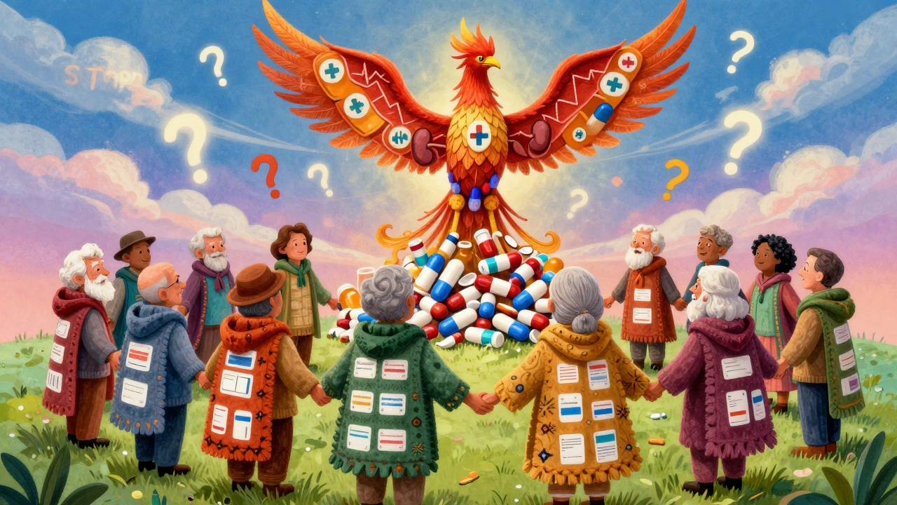 Seniors holding hands as a medical phoenix rises from discarded pills, symbolizing safer medication use.