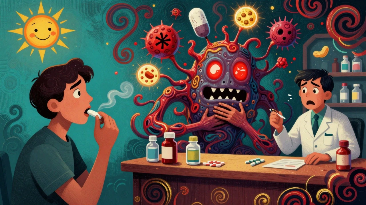 Split scene: peaceful brand-name pill vs. monstrous generic pill causing throat swelling, in colorful Alebrije art style.