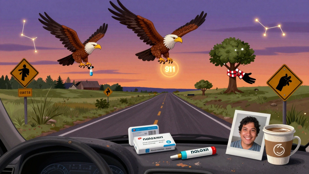 Three naloxone kits sit in a car at dusk as celestial alebrije spirits guard the road ahead.