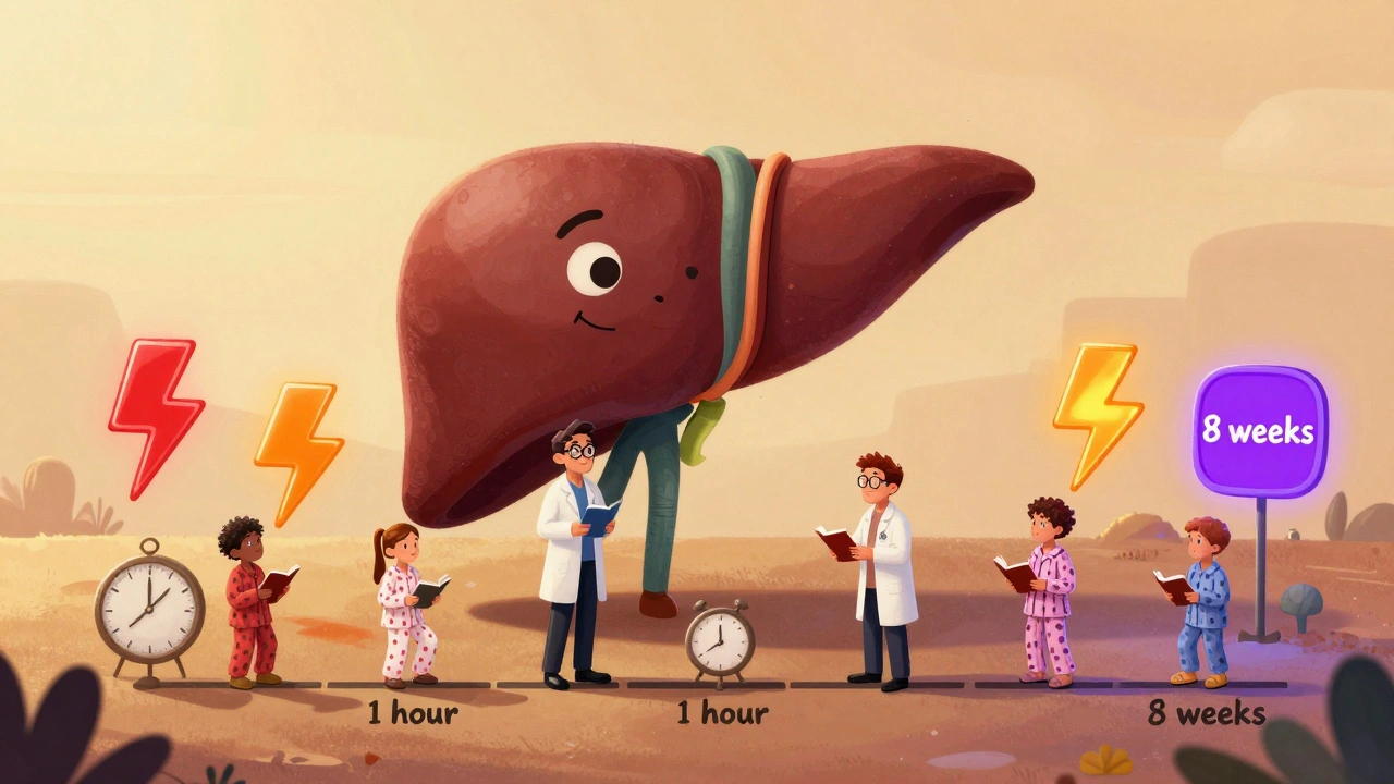 Whimsical liver and kidney creatures on a timeline path with glowing warning signs representing drug reaction phases.
