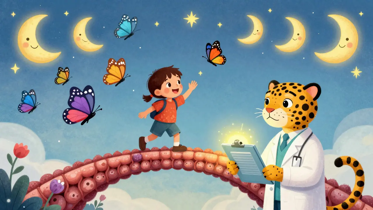 A child stands on a bridge of butterflies made from healed tonsils, flying toward a starry sky with a jaguar-shaped doctor below.