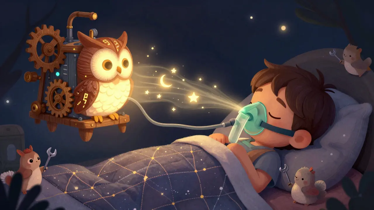 A child wears an owl-shaped CPAP mask connected to a glowing wooden machine, with spirit animals helping maintain the air flow.