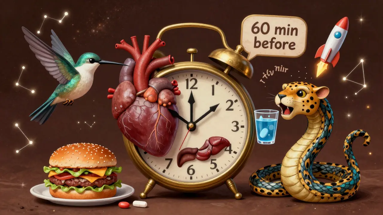 A clock-body with organ spirits reacting to food timing in mythological Alebrije art.