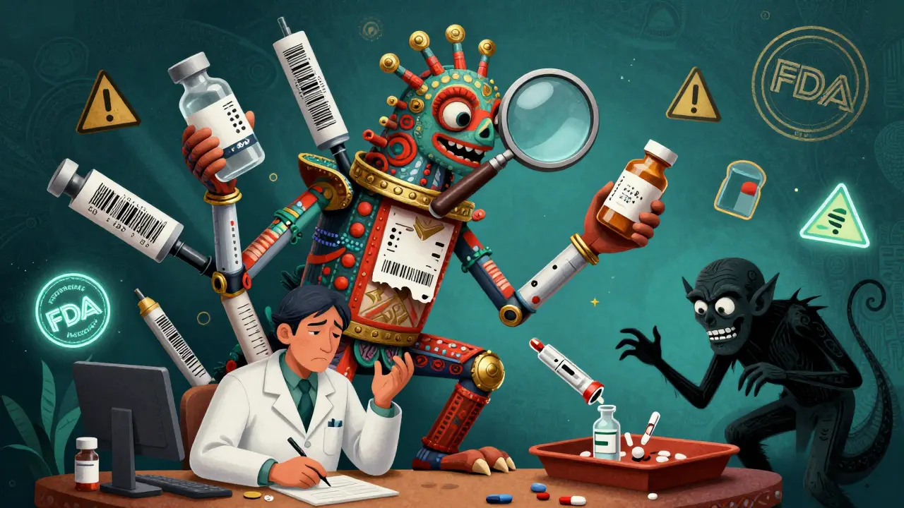 A creature made of pill bottles and insulin pens peers at a torn label, with a shadowy error demon lurking nearby in colorful folk-art style.