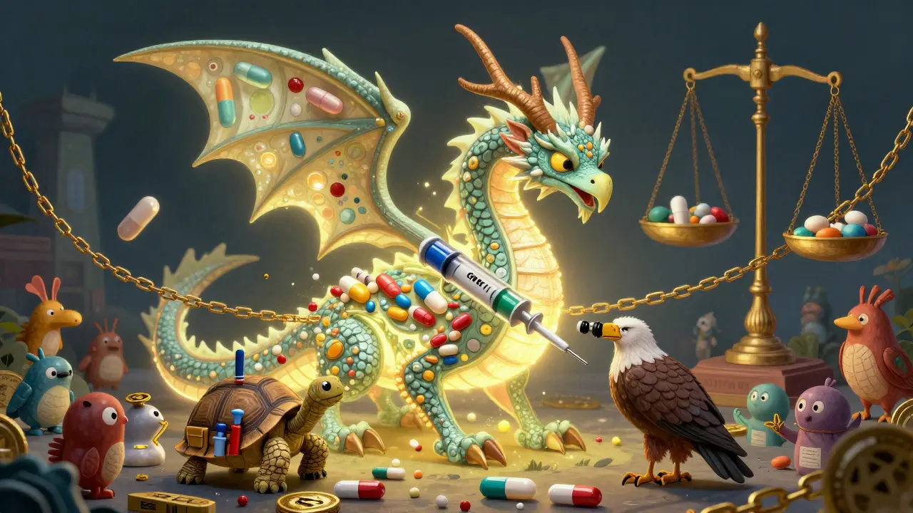A detailed dragon-like complex drug with only two small creatures able to copy it, surrounded by chains and barriers.