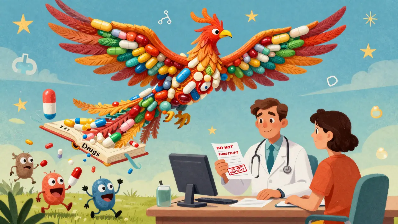 A doctor and patient with a 'Do Not Substitute' prescription, as a giant pill-phoenix rises behind them symbolizing stable treatment.