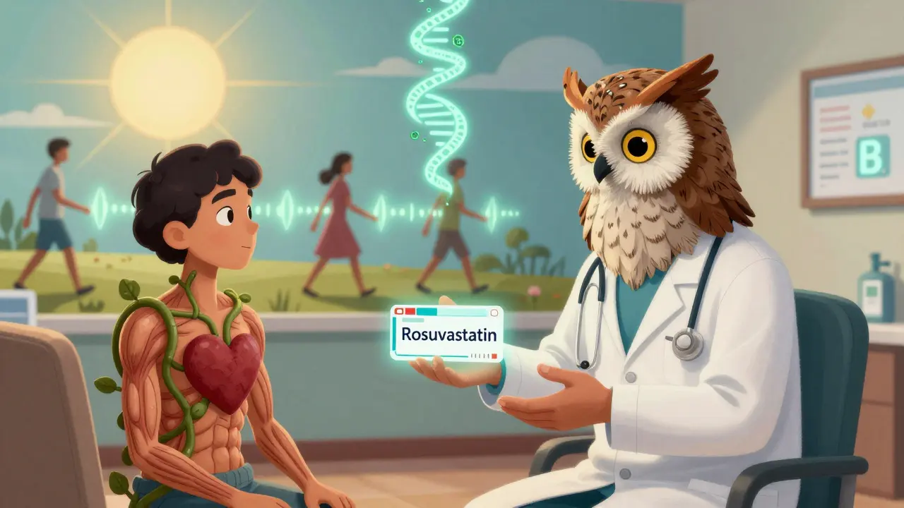 A doctor owl alebrije gives a patient a rosuvastatin prescription, with a mural of walkers and a genetic snake spiral in the background.