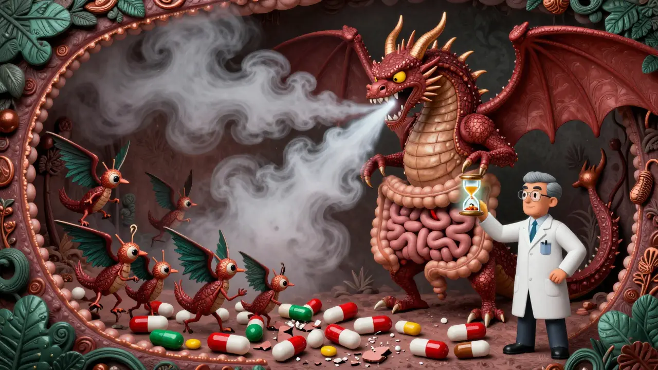 A dragon-like PPI monster battling drug capsules in the digestive tract, with a pharmacist holding a timing hourglass.