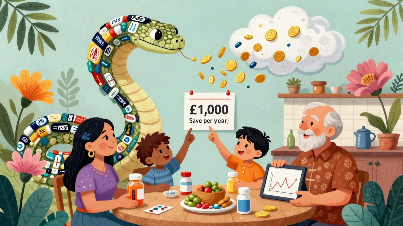 A family at a kitchen table with a glowing serpent made of generic drug labels, representing health and savings.