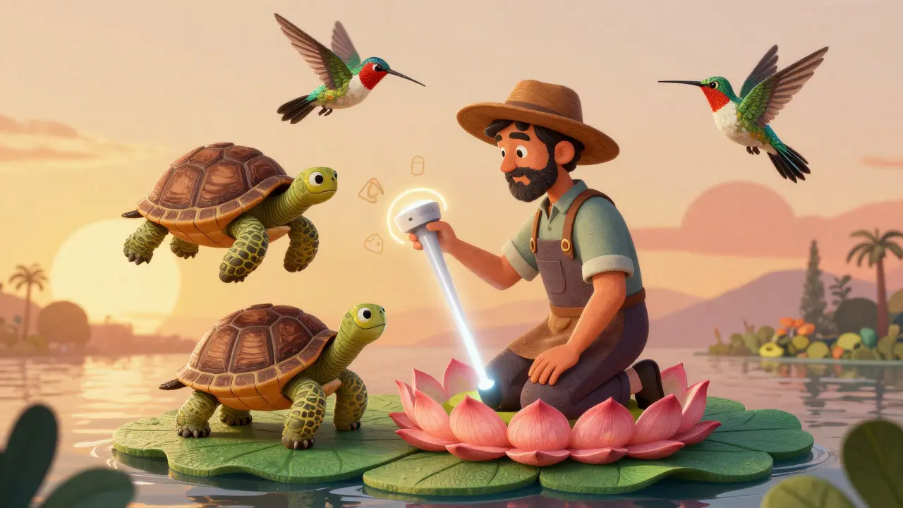 A gardener kneeling on a foam lotus pad with healing spirit animals and an ultrasound beam in vibrant Alebrije style.