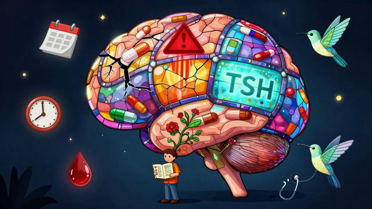 A giant brain made of stained-glass medication panels, one cracking, as a person journals below with blossoming notes in alebrije style.