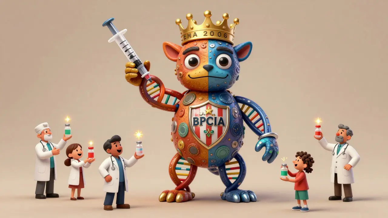 A giant DNA-syringe alebrije with European and American features exchanging cost-saving vials.