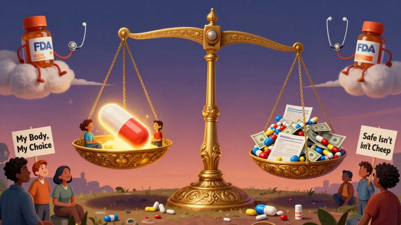 A giant scale balances a golden brand-name pill against a mountain of generics, with people holding signs and alebrije spirits watching from above.