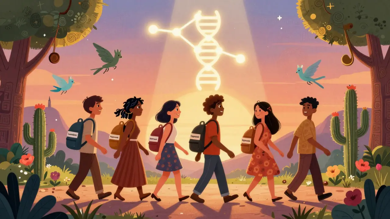 A group walking on a path with light backpacks, guided by a glowing gene constellation, in intricate Alebrije patterns and warm sunset tones.
