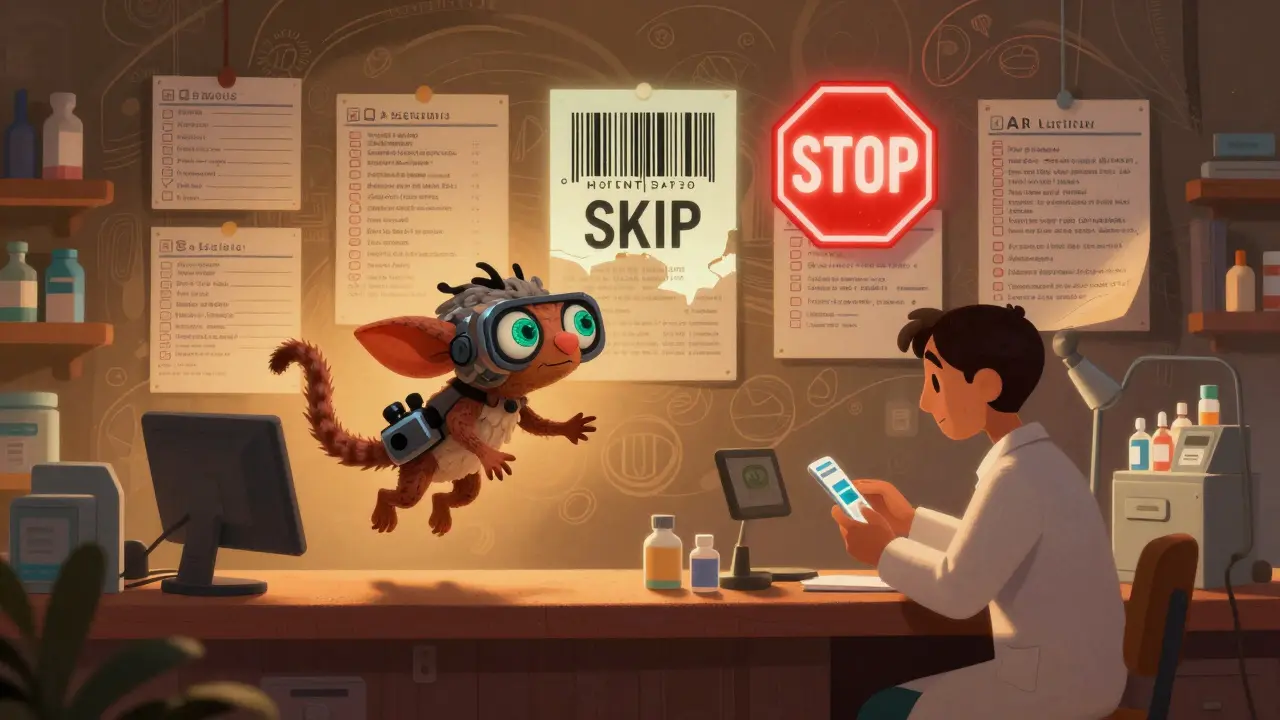 A guardian alebrije spirit guides a pharmacist to check a medication, with floating patient records and a glowing 'STOP' sign in warm nighttime light.