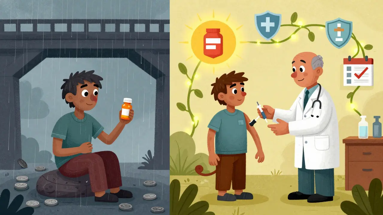 A homeless person receiving an injection from a friendly alebrije-pharmacist, with symbols of affordability and daily care floating above.