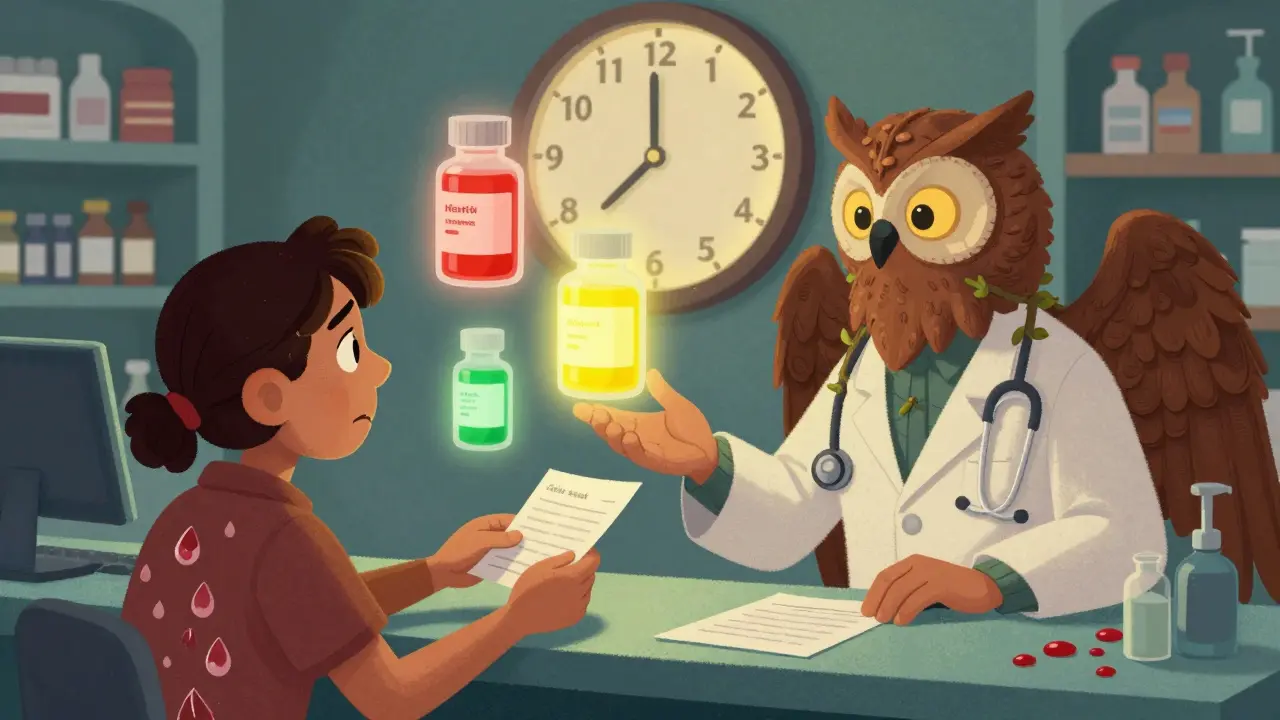 A mythic pharmacist with owl wings guides a patient past glowing antibiotic bottles, a clock marking high-risk days 8–14.