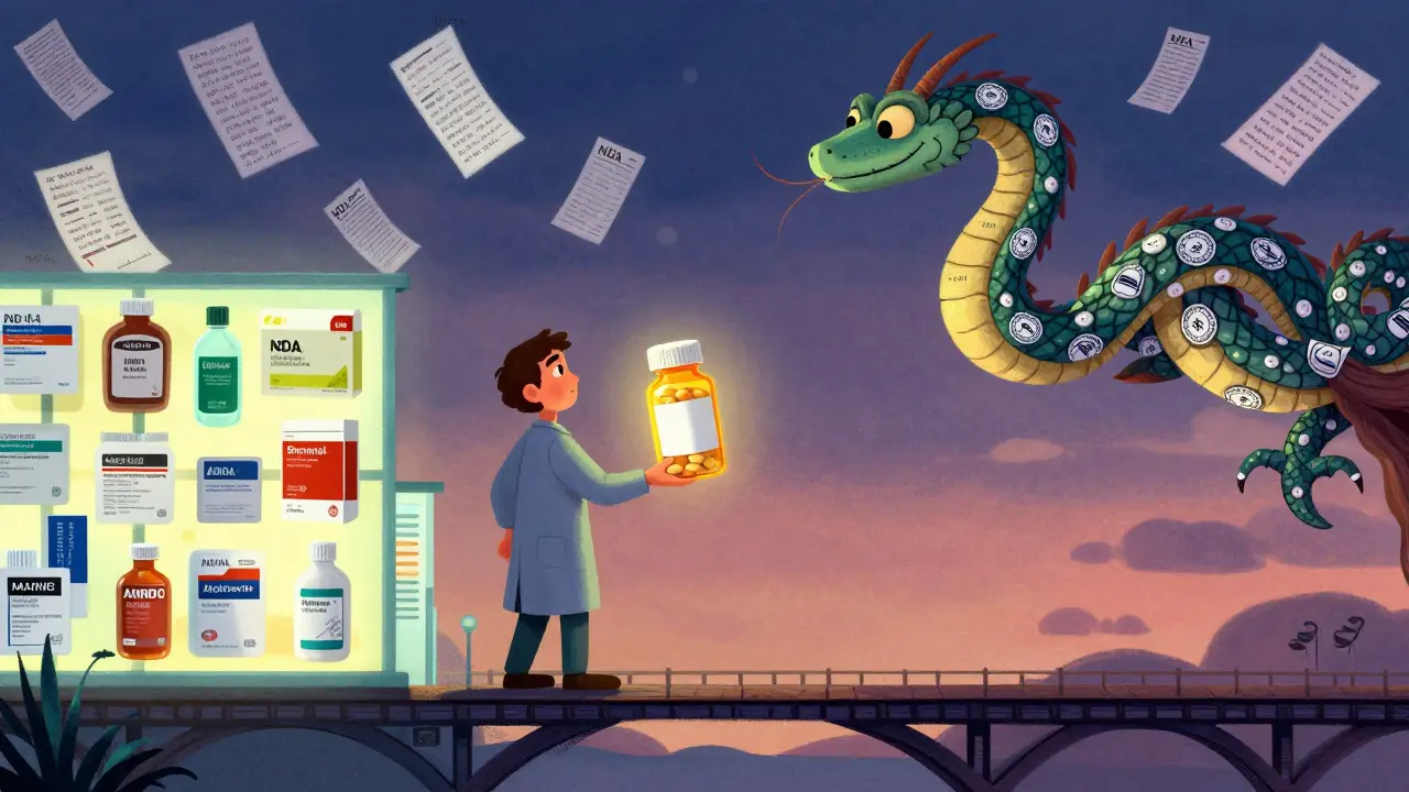 A patient between brand and generic worlds, watched by a dragon made of pill casings and FDA symbols.