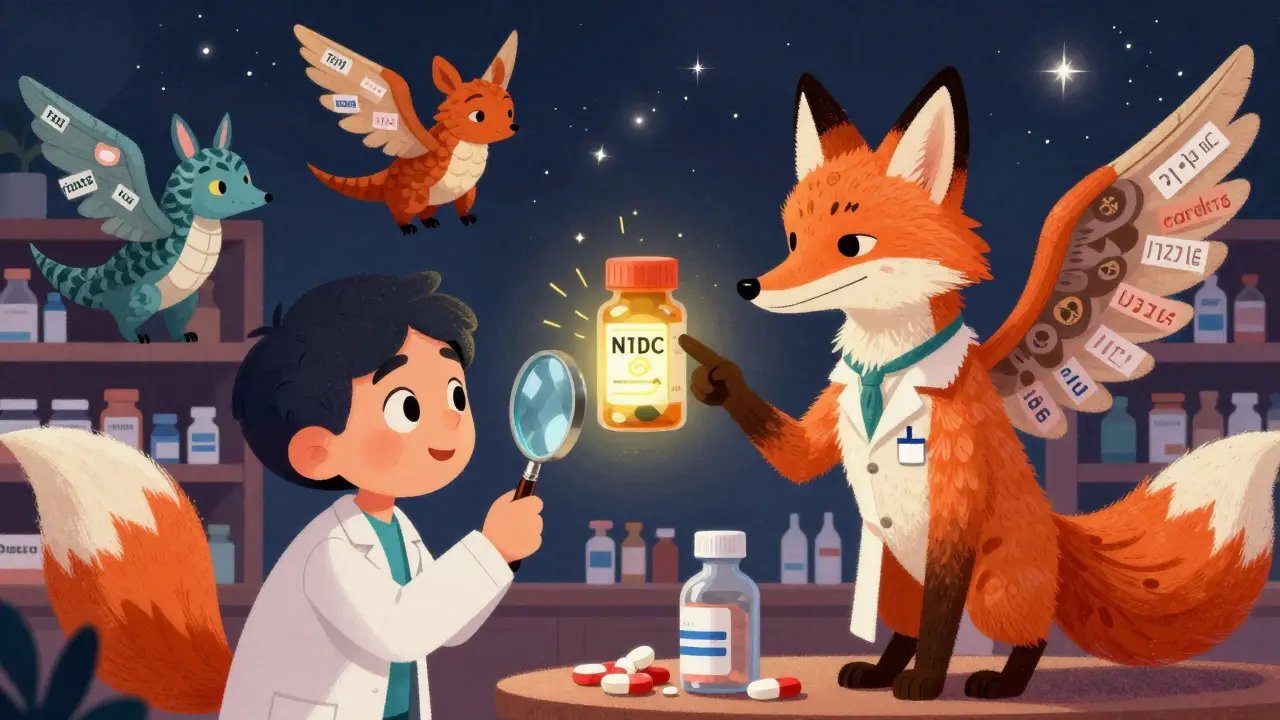 A patient examining a pill as a pharmacist-fox alebrije creature points to a glowing NDC code on a magical shelf.