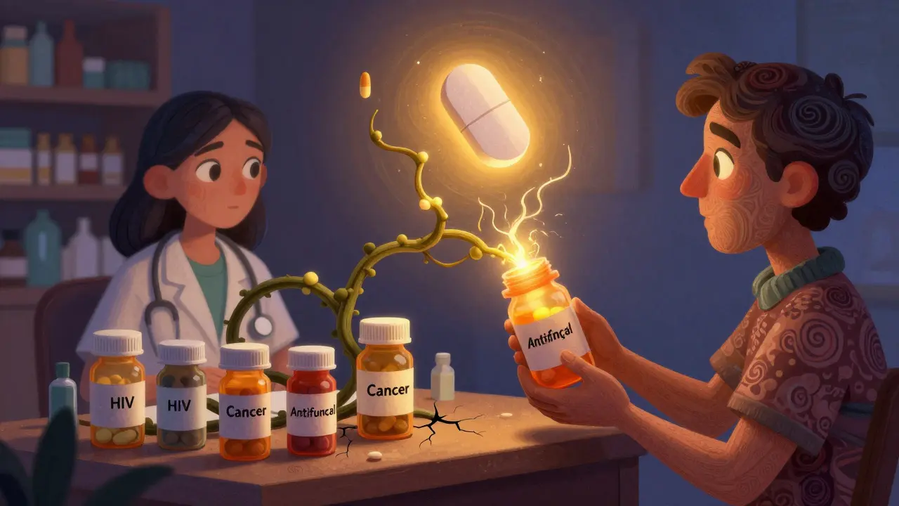 A patient giving PPIs to a pharmacist as glowing vines choke other meds, while an antacid glows nearby.