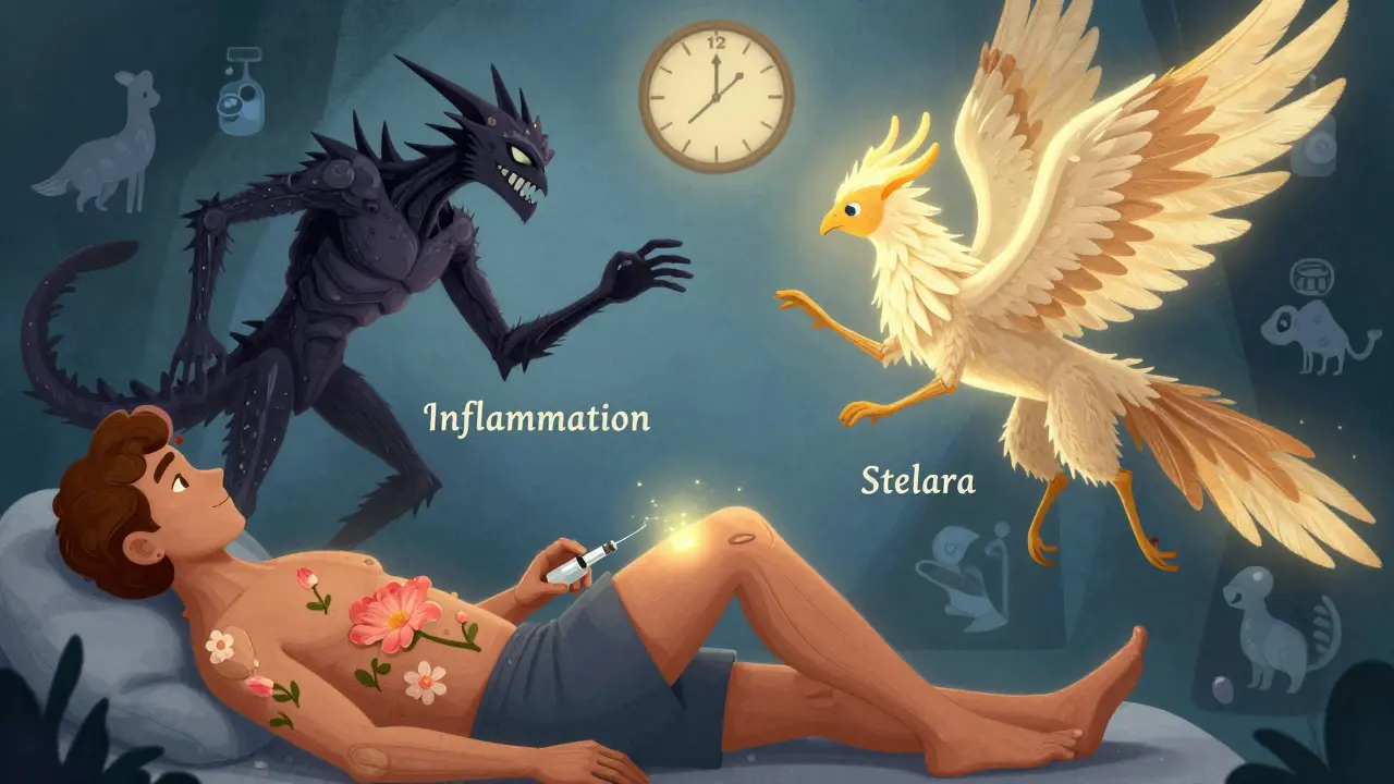 A patient injecting treatment as opposing alebrije spirits battle, with healing blossoms emerging from their body.