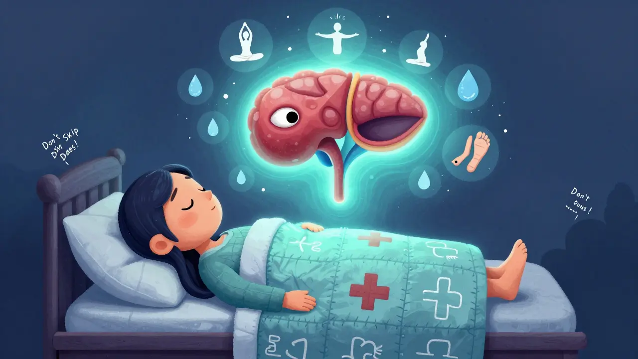 A patient resting under a quilt with medical symbols, while a half-awake adrenal gland floats above, accompanied by icons of hydration, movement, and rest.