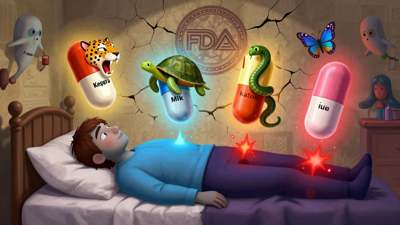 A patient surrounded by pill-creatures representing brand and generic medications, with chaotic red sparks and calm blue tones reflecting their emotional state.
