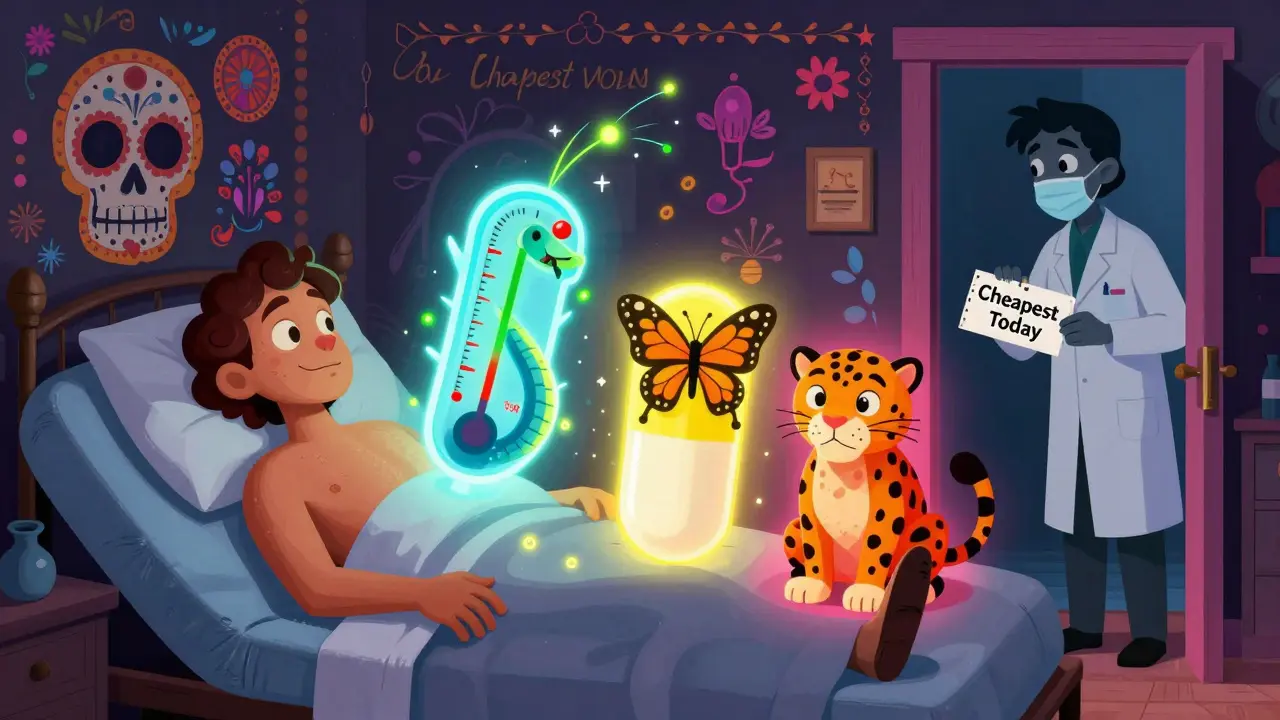 A patient with a floating, unstable TSH meter above them, surrounded by three differently colored alebrije-shaped thyroid pills.