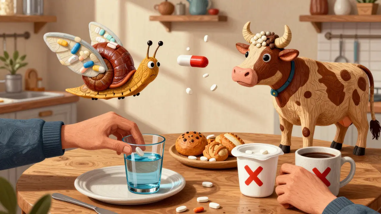 A person choosing water over yogurt and coffee to take thyroid medication correctly.